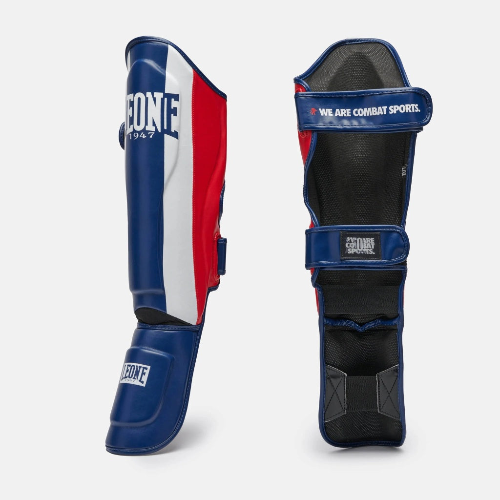 Espinilleras Leone 1947 Color Block Azul y Rojo para Muay Thai y MMA