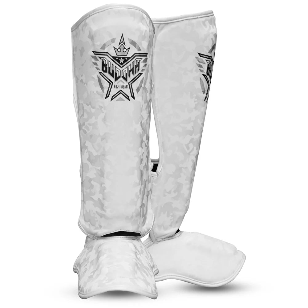 Espinilleras Buddha Army Blancas para Muay Thai y MMA