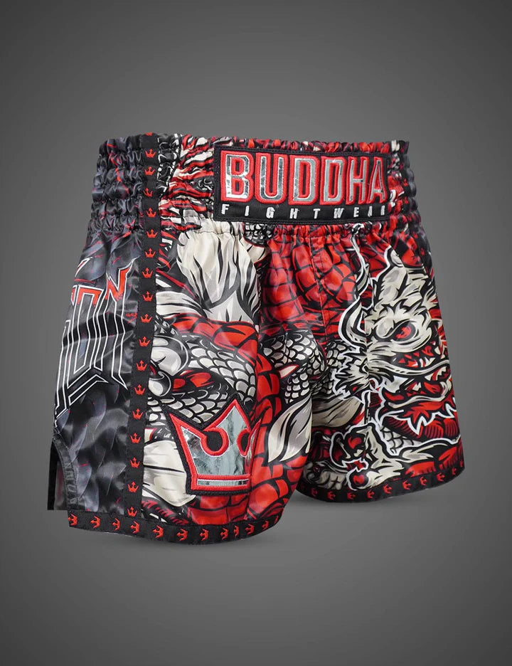 Pantalón Muay Thai Kick Boxing Dragon Rojos Buddha Fight Wear