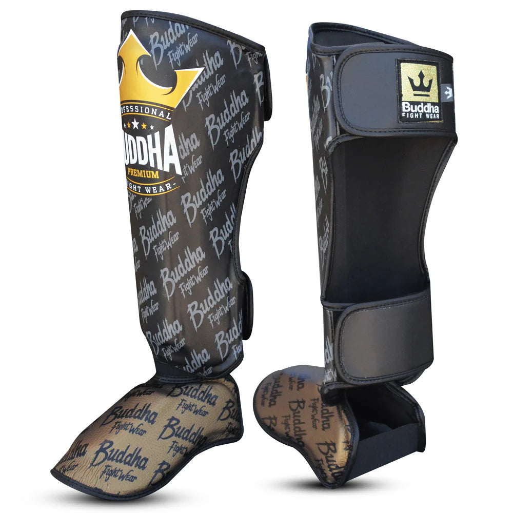 Espinilleras Buddha Top Premium Negras para Muay Thai y MMA