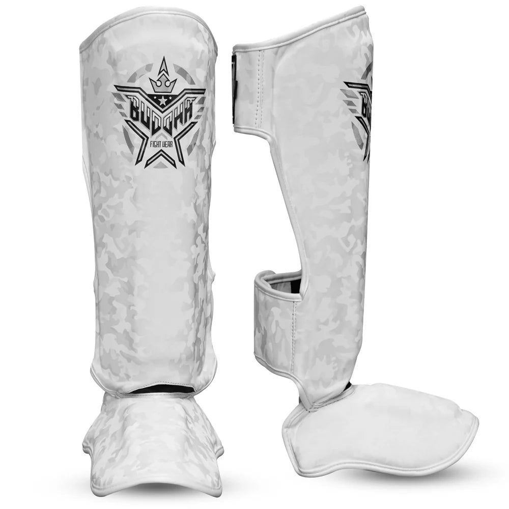Espinilleras Buddha Army Blancas para Muay Thai y MMA