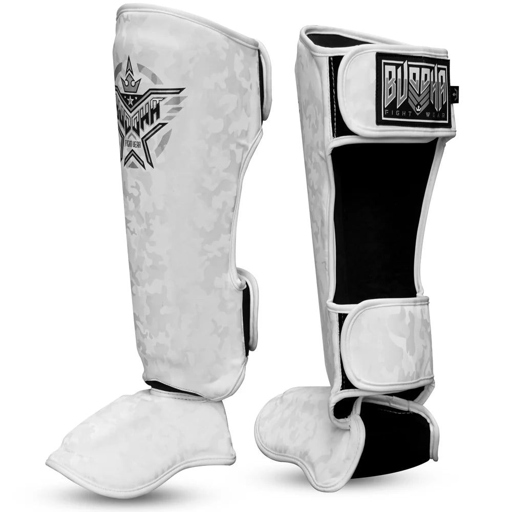 Espinilleras Buddha Army Blancas para Muay Thai y MMA