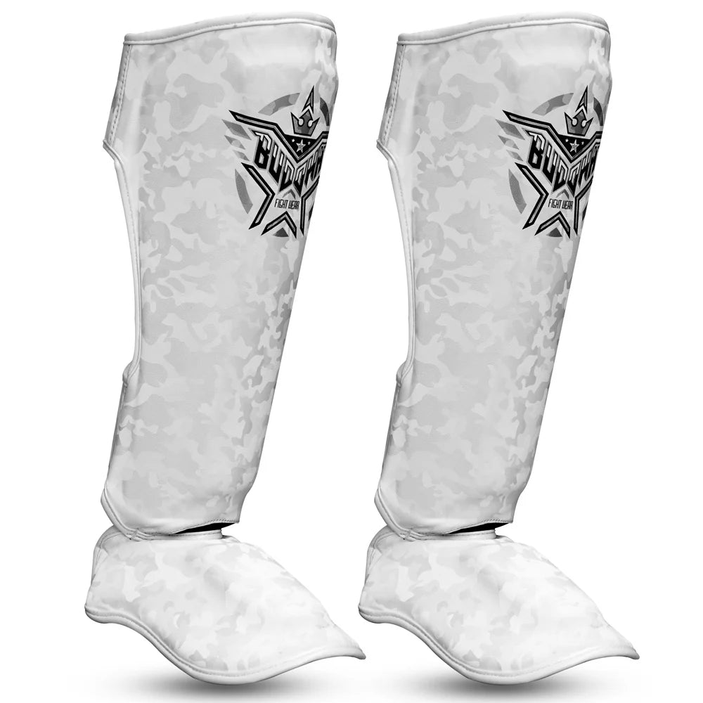 Espinilleras Buddha Army Blancas para Muay Thai y MMA
